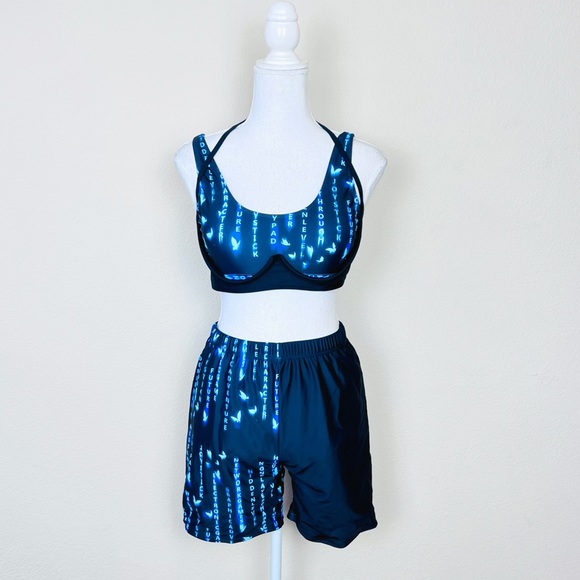 Blue Black Colorblock Matrix Futuristic Asymmetrical Crop Top & Biker Shorts Set - Picture 4 of 15